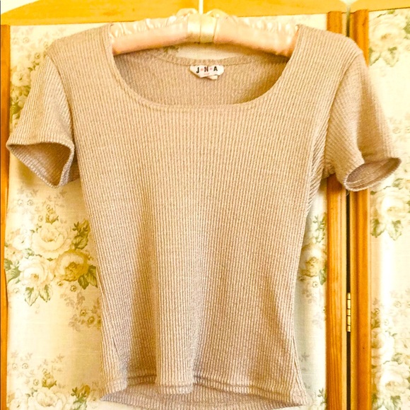 90s Tan Sparkle Crop Scoop Neck Top - Picture 2 of 6